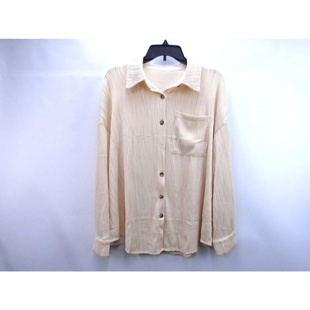 Teepie Womens Button Blouse Size L Ribbed with Pocket lapel V-neck - Picture 4 of 12